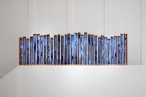 Cleave (self painted chromakey blue, interacting with cot bars), 150 x 75cm, 2021