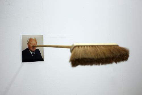 Moustache (photo of Grandfather held to wall by broom) 130 x 30 x 15cm