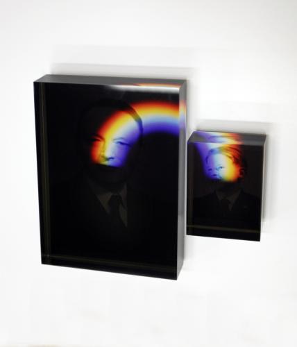 When The Clouds Parted (Re-photographed images of Father and Great Grandfather with projected rainbow), 18 x 18 x 4cm, 2018