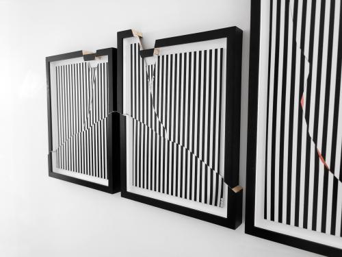 Gag 1 & Gag 2 detail (my mouth holding B&W stripes) Aluminium mounted photographs, in cut wood frames), Photography, 34cm x 44cm & 40cm x 86cm, 2023 --- Commissioned for GRAIN x V&A Wedgwood