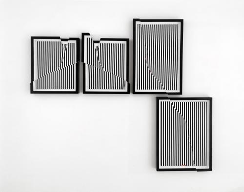 Gag 1 & Gag 2 diptychs (my mouth holding B&W stripes) Aluminium mounted photographs, in cut wood frames), Photography, 34cm x 44cm & 40cm x 86cm, 2023 --- Commissioned for GRAIN x V&A Wedgwood