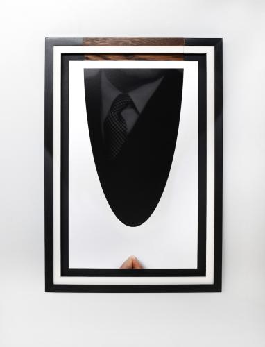 Meeting (photo of artist's hand, with archive photo of artist's great grandfather, within cut frames), 33 x 48cm, 2024